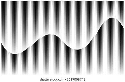Linhas verticais pretas e brancas criam uma distorção ondulada dinâmica, Uma arte abstrata óptica ondulante
