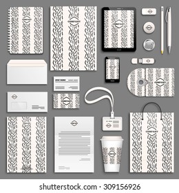 Black and white vertical lines pattern corporate identity template set. Business stationery mock-up with logo. Branding design. 