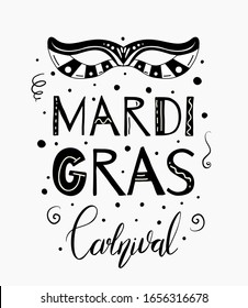 Black and white vertical poster with masquerade mask, confetti and brush lettering. Mardi Gras celebration. Fat Tuesday. Decoration for carnival. Vector image for your creativity.