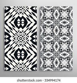 Black and white vertical seamless geometric patterns set, repeating texture for fabric or paper print, invitations or cards design. Vector collection