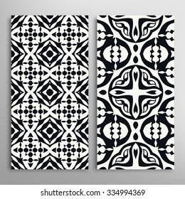 Black and white vertical seamless geometric patterns set, repeating texture for fabric or paper print, invitations or cards design. Vector collection