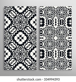Black and white vertical seamless geometric patterns set, repeating texture for fabric or paper print, invitations or cards design. Vector collection