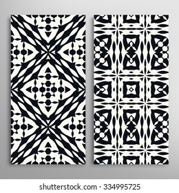 Black and white vertical seamless geometric patterns set, repeating texture for fabric or paper print, invitations or cards design. Vector collection