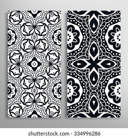 Black and white vertical seamless geometric patterns set, repeating texture for fabric or paper print, invitations or cards design. Vector collection