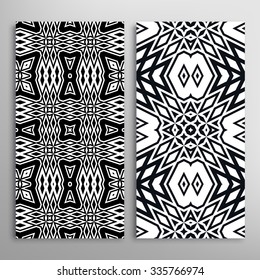 Black and white vertical seamless geometric patterns set with hand drawn lace texture for fabric or paper print, invitations or cards design. Vector collection