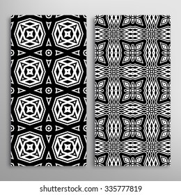 Black and white vertical seamless geometric patterns set with hand drawn lace texture for fabric or paper print, invitations or cards design. Vector collection