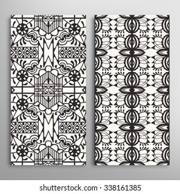 Black and white vertical seamless geometric patterns set with hand drawn lace texture for fabric or paper print, invitations or cards design. Vector collection