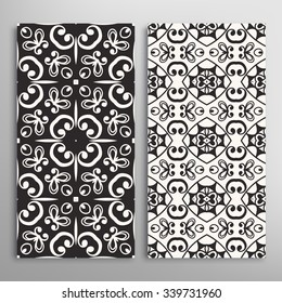 Black and white vertical seamless geometric patterns set with hand drawn lace texture for fabric or paper print, invitations or cards design. Vector collection