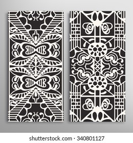 Black and white vertical seamless geometric patterns set with hand drawn lace texture for fabric or paper print, invitations or cards design. Vector collection