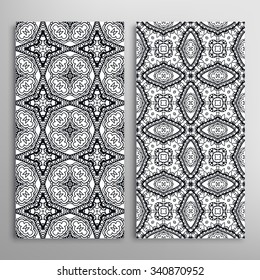 Black and white vertical seamless geometric patterns set with hand drawn sketchy texture for fabric or paper print, invitations or cards design. Vector collection