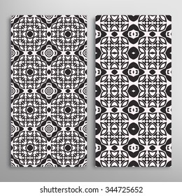 Black and white vertical seamless geometric patterns set with hand drawn lace texture for fabric or paper print, invitations or cards design. Vector collection