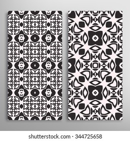 Black and white vertical seamless geometric patterns set with hand drawn lace texture for fabric or paper print, invitations or cards design. Vector collection