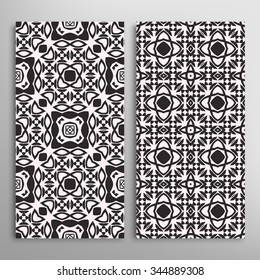 Black and white vertical seamless geometric patterns set with hand drawn lace texture for fabric or paper print, invitations or cards design. Vector collection