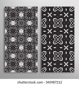 Black and white vertical seamless geometric patterns set with hand drawn texture for fabric or paper print, invitations or cards design. Vector collection
