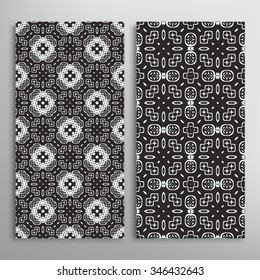 Black and white vertical seamless geometric patterns set with hand drawn texture for fabric or paper print, invitations or cards design. Vector collection