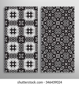 Black and white vertical seamless geometric patterns set with hand drawn texture for fabric or paper print, invitations or cards design. Vector collection