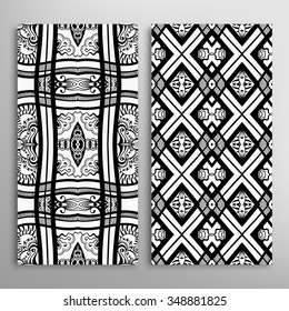 Black and white vertical seamless geometric patterns set with hand drawn texture for fabric or paper print, invitations or cards design. Vector collection