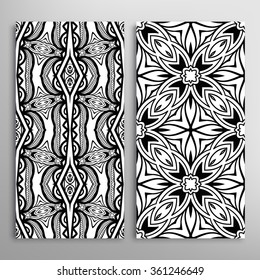 Black and white vertical seamless geometric patterns set with hand drawn doodle sketch texture for fabric or paper print, invitations or cards design. Vector collection