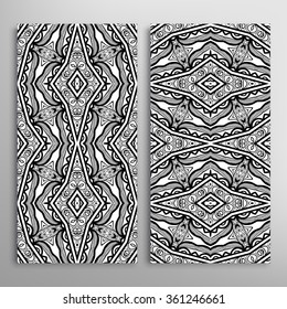 Black and white vertical seamless geometric patterns set with hand drawn doodle sketch texture for fabric or paper print, invitations or cards design. Vector collection