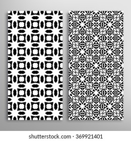 Black and white vertical seamless geometric patterns set with hand drawn texture for fabric or paper print, invitations or cards design. Vector collection