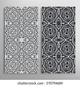 Black and white vertical seamless geometric patterns set with hand drawn doodle sketch texture for fabric or paper print, invitations or cards design. Vector collection