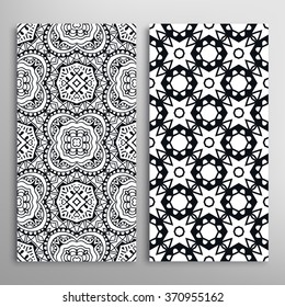 Black and white vertical seamless geometric patterns set with hand drawn doodle sketch texture for fabric or paper print, invitations or cards design. Vector collection