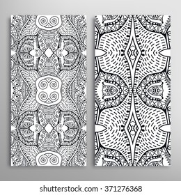 Black and white vertical seamless geometric patterns set with hand drawn doodle sketch texture for fabric or paper print, invitations or cards design. Vector collection