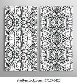 Black and white vertical seamless geometric patterns set with hand drawn doodle sketch texture for fabric or paper print, invitations or cards design. Vector collection