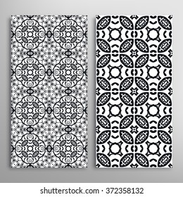 Black and white vertical seamless geometric patterns set, repeating texture for fabric or paper print, invitations or cards design. Vector collection