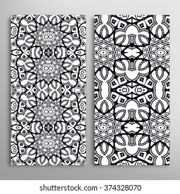 Black and white vertical seamless geometric patterns set with hand drawn doodle sketch texture for fabric or paper print, invitations or cards design. Vector collection