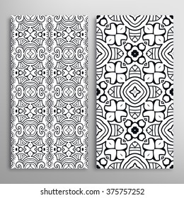 Black and white vertical seamless geometric patterns set with hand drawn doodle sketch texture for fabric or paper print, invitations or cards design. Vector collection