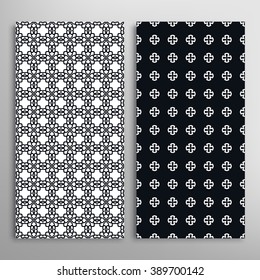 Black and white vertical seamless geometric patterns set with repeating texture for fabric or paper print, invitations or cards design. Vector collection