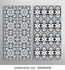 Black and white vertical seamless geometric patterns set with hand drawn doodle sketch texture for fabric or paper print, invitations or cards design. Vector collection