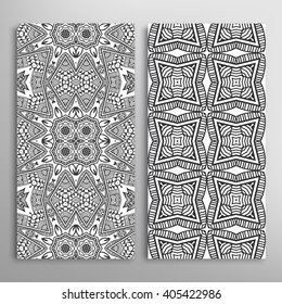 Black and white vertical seamless geometric patterns set with hand drawn doodle sketch texture for fabric or paper print, invitations or cards design. Vector collection