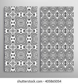 Black and white vertical seamless geometric patterns set with hand drawn doodle sketch texture for fabric or paper print, invitations or cards design. Vector collection