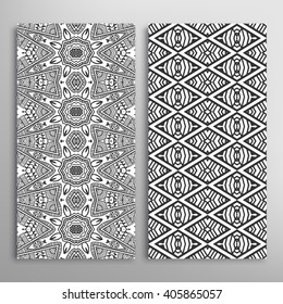 Black and white vertical seamless geometric patterns set with hand drawn doodle sketch texture for fabric or paper print, invitations or cards design. Vector collection