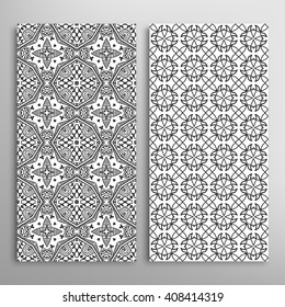 Black and white vertical seamless geometric patterns set with hand drawn doodle sketch texture for fabric or paper print, invitations or cards design. Vector collection