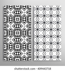 Black and white vertical seamless geometric line patterns set with repeating texture for fabric or paper print, invitations or cards design. Monochrome graphic background, vector collection
