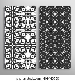 Black and white vertical seamless geometric line patterns set with repeating texture for fabric or paper print, invitations or cards design. Monochrome graphic background, vector collection