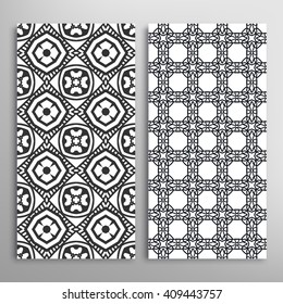 Black and white vertical seamless geometric line patterns set with repeating texture for fabric or paper print, invitations or cards design. Monochrome graphic background, vector collection