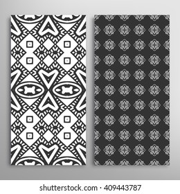 Black and white vertical seamless geometric line patterns set with repeating texture for fabric or paper print, invitations or cards design. Monochrome graphic background, vector collection