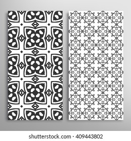 Black and white vertical seamless geometric line patterns set with repeating texture for fabric or paper print, invitations or cards design. Monochrome graphic background, vector collection