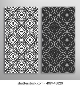 Black and white vertical seamless geometric line patterns set with repeating texture for fabric or paper print, invitations or cards design. Monochrome graphic background, vector collection