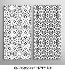 Black and white vertical seamless geometric patterns set with hand drawn doodle sketch texture for fabric or paper print, invitations or cards design. Vector collection