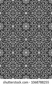 Black and white vertical seamless pattern with flourishes, monochrome intricate background. Tribal ethnic ornament, decorative repeating texture endless tile, eastern exquisite style wallpaper