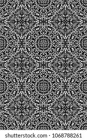 Black and white vertical seamless pattern with flourishes, monochrome intricate background. Tribal ethnic ornament, decorative repeating texture endless tile, eastern exquisite style wallpaper