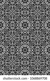 Black and white vertical seamless pattern with flourishes, monochrome intricate background. Tribal ethnic ornament, decorative repeating texture endless tile, eastern exquisite style wallpaper