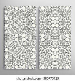 Black and white vertical seamless patterns set, floral geometric doodle texture. Decorative seamless line backgrounds, tribal ethnic ornament, islamic pattern border collection