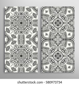 Black and white vertical seamless patterns set, floral geometric doodle texture. Decorative seamless line backgrounds, tribal ethnic ornament, islamic pattern border collection