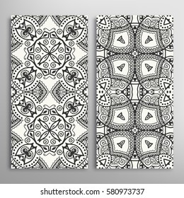 Black and white vertical seamless patterns set, floral geometric doodle texture. Decorative seamless line backgrounds, tribal ethnic ornament, islamic pattern border collection